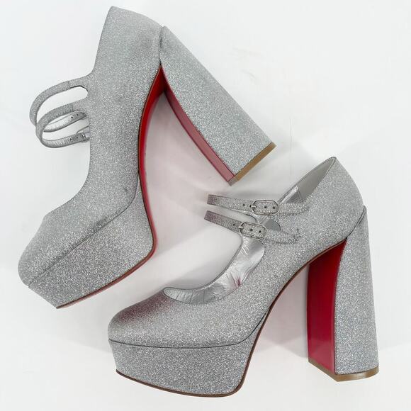 Christian Louboutin Silver Glitter Movida Jane Platform Mary Jane Pump EU 38.5 - Picture 4 of 15